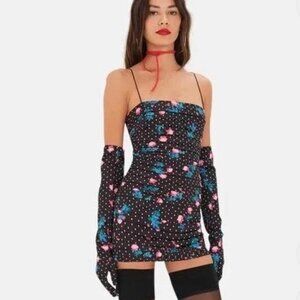 For Love & Lemons NWT Black White Polka Dot Posey Mini Dress with Gloves Small